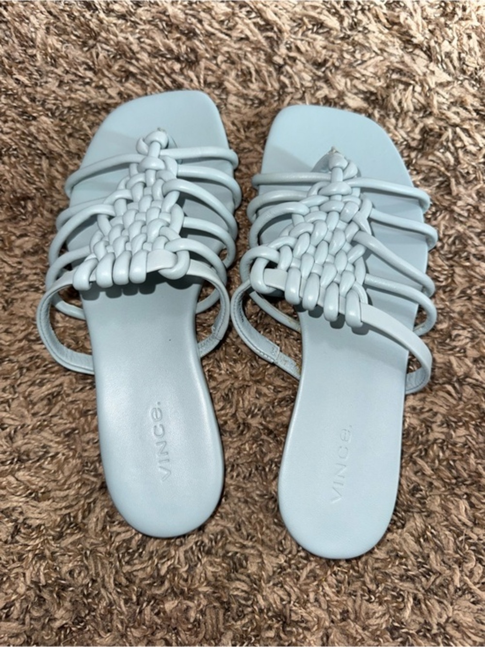 ✨New✨ VINCE. Womens Blue Dae Square Toe Block Heel Slip On Leather Slide Sandals